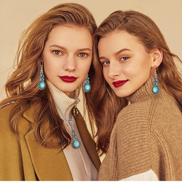 Blue Rhinestone Inlaid Turquoise Drop Earrings & Necklace Set Original Design - Picture 7 of 7